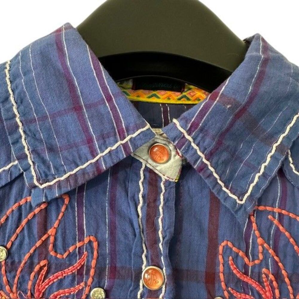 Roar Embroidered Western Plaid Shirt Orange Rhinestone Embellished Button Up Med - Picture 3 of 15